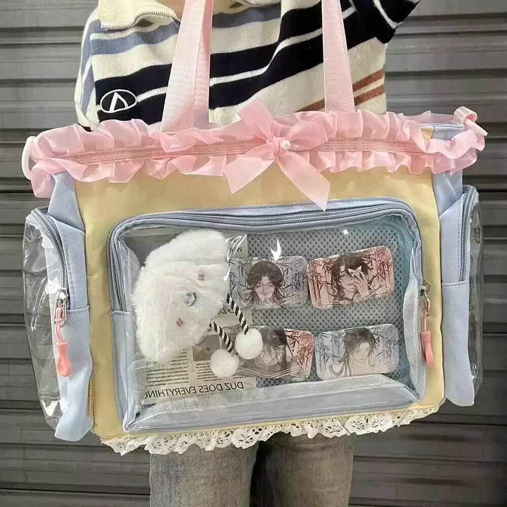 Transparent Japanese Y2K Lolita shoulder bag with large capacity, casual crossbody style, featuring a cute, trendy tote design.