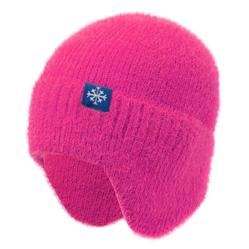 Women's candy-color faux fur knitted earflap winter hat, soft Kpop-style beanie cap
