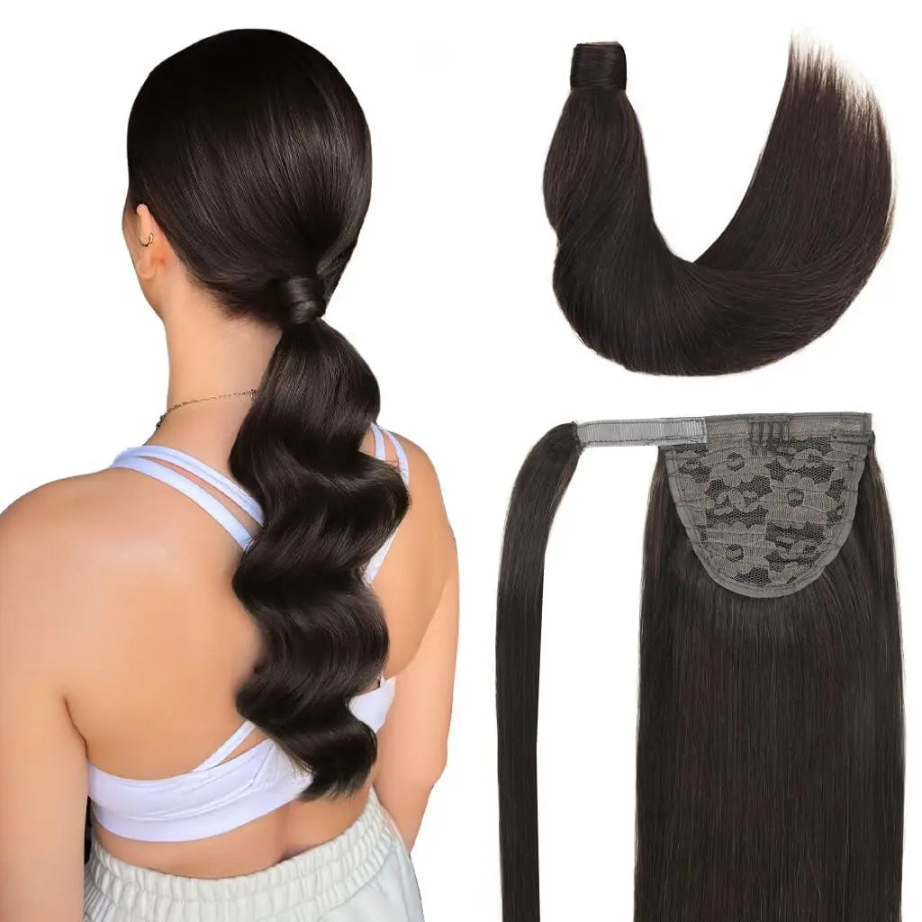 ZZHAIR Remy human hair magic wrap-around ponytail extension, straight machine-made clip-in horsetail, 16–28 inches