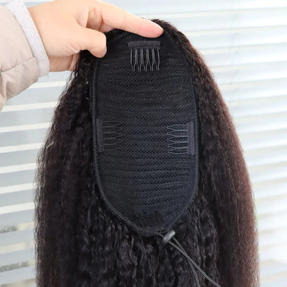 Kinky straight coarse yaki virgin Remy human hair drawstring ponytail with curls by HSF Marketplace