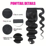Water wave wrap-around ponytail human hair extensions in natural black Brazilian virgin hair, clip-in style