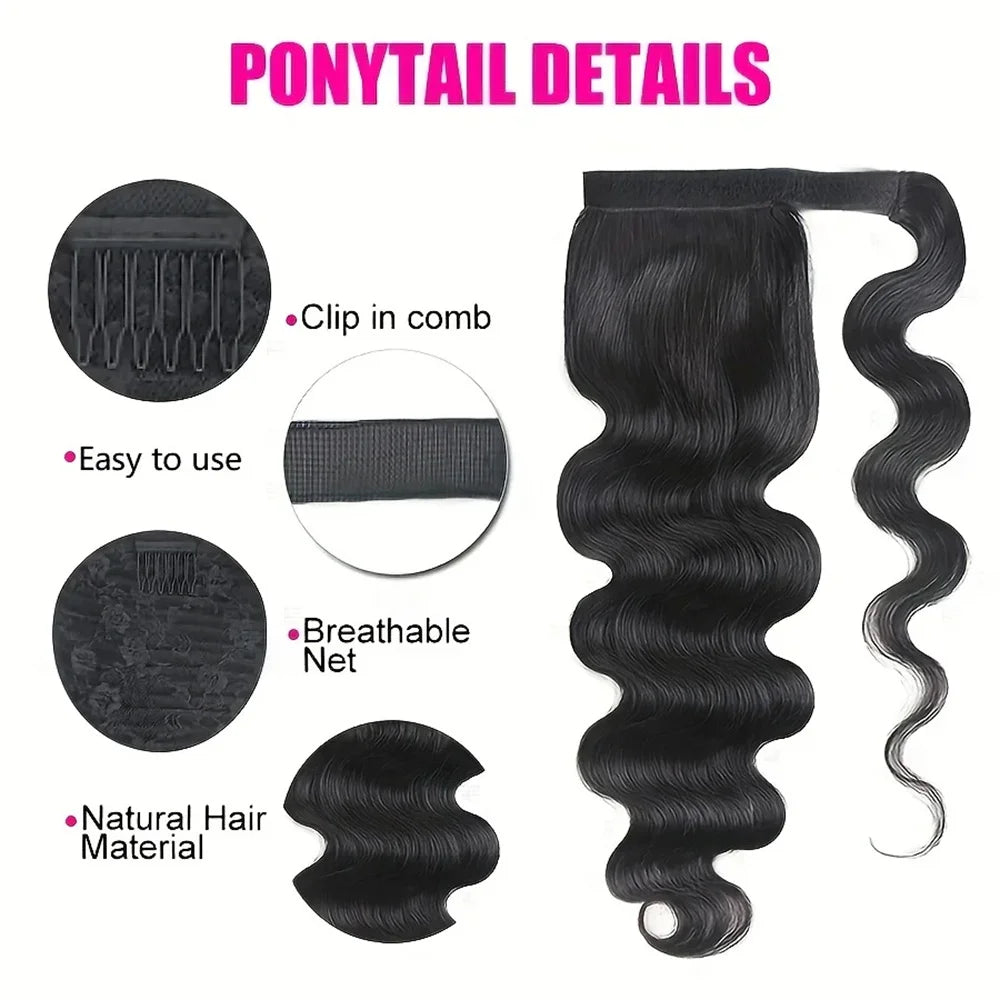 Water wave wrap-around ponytail human hair extensions in natural black Brazilian virgin hair, clip-in style