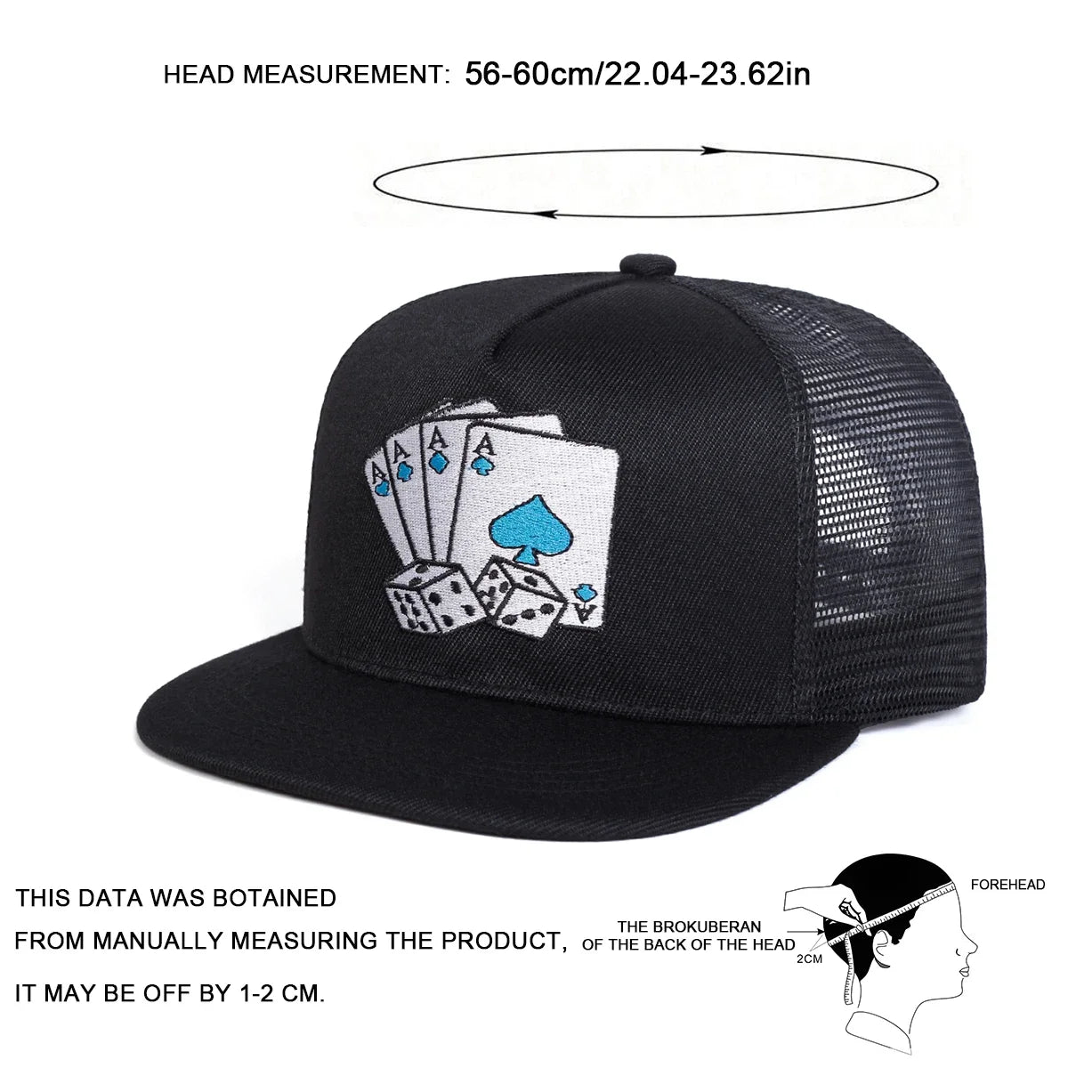 HSF Marketplace women's poker card embroidery hip-hop net baseball cap with adjustable back and sunscreen brim