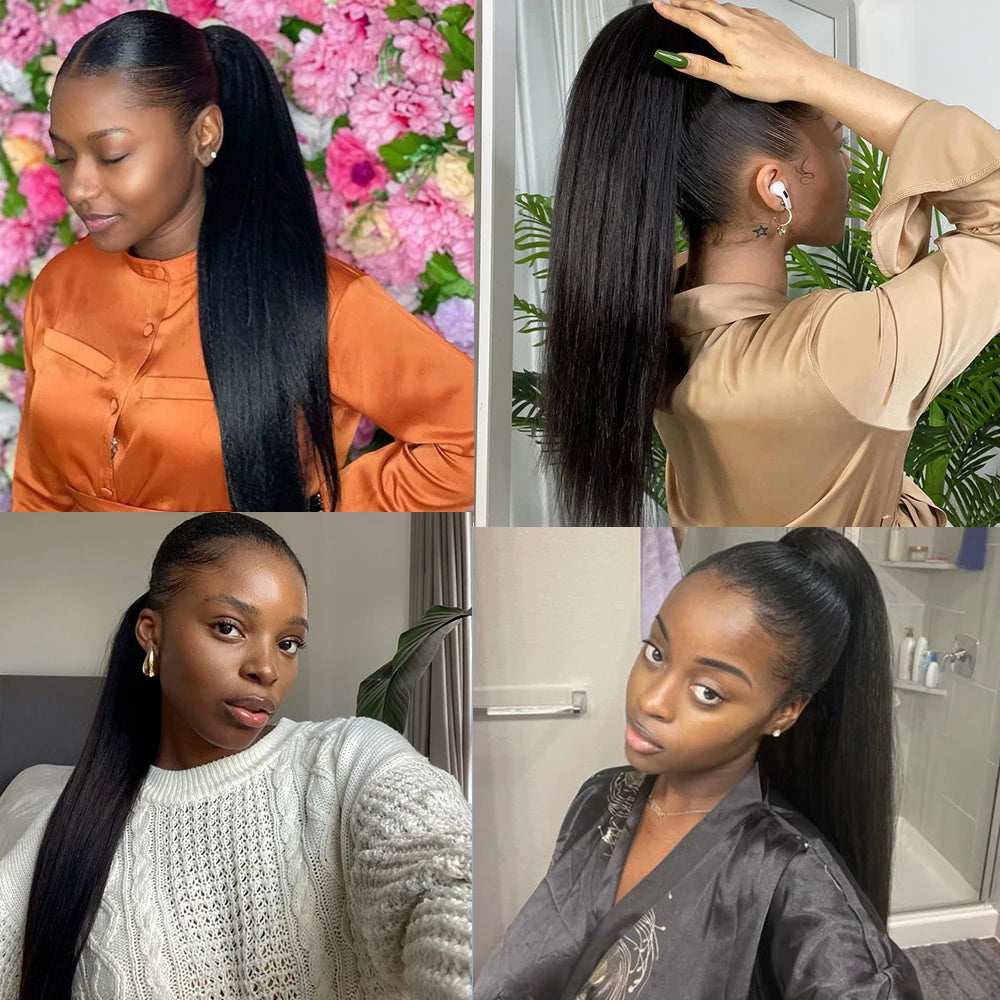 Black Brazilian Remy human hair drawstring ponytail extension with clips, straight 14–26 inch, 150g, 1 piece
