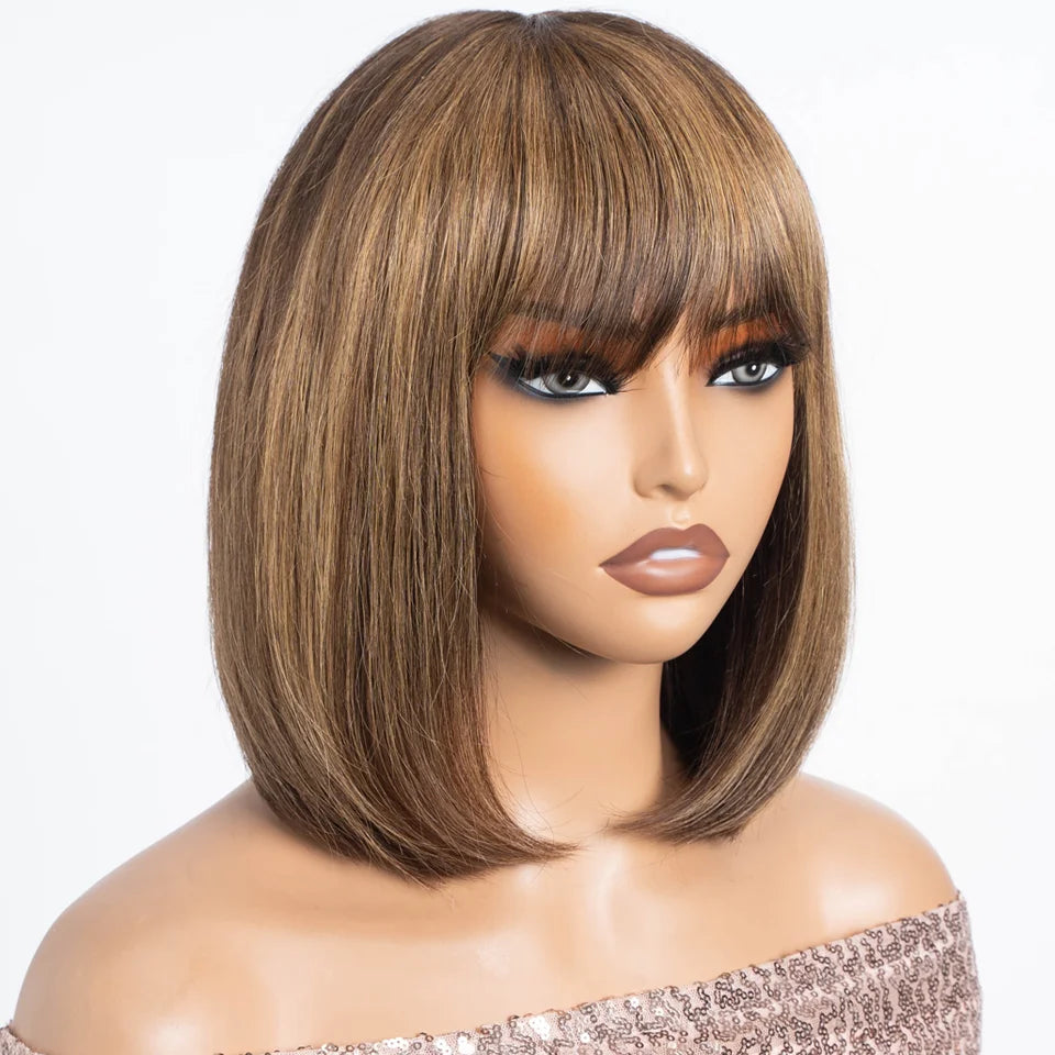 Highlighted short bob wig with bangs, straight Brazilian Remy human hair, lace-glueless, 8-14 inch length, for women.