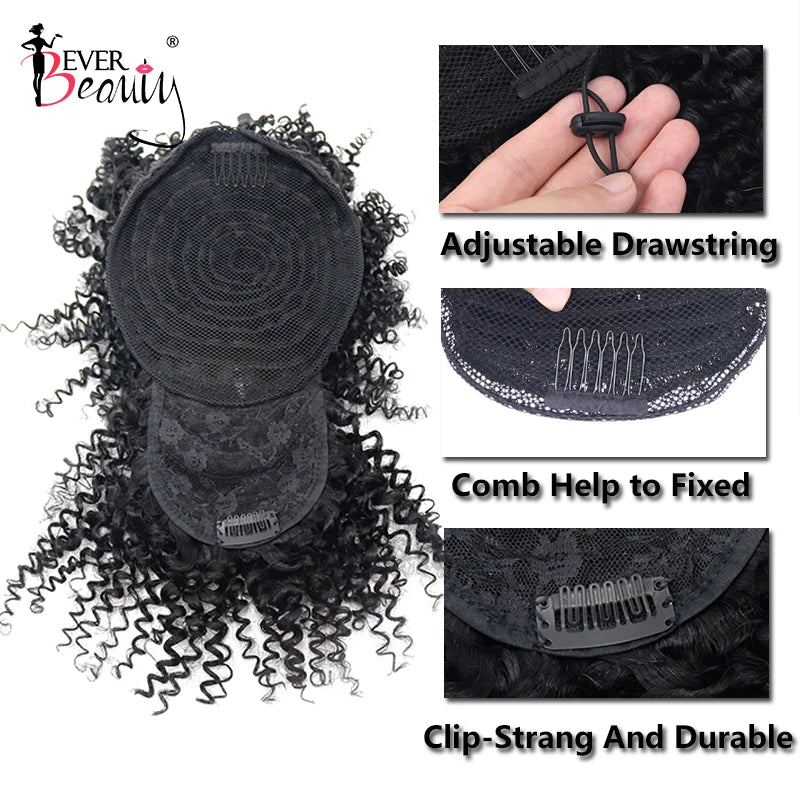 Ponytail Human Hair Mongolian Afro Kinky Curly Drawstring Ponytails With Bangs Clip In Extensions For Women Ever Beauty Remy