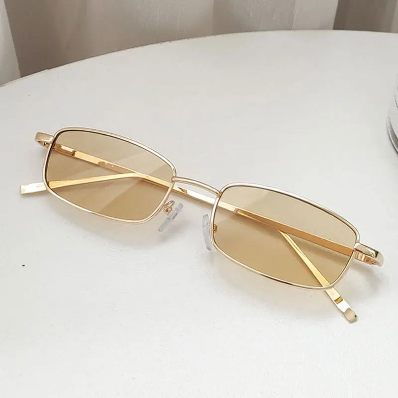 Fashion small rectangle sunglasses for men and women with vintage square metal frames, luxury brand eyewear.