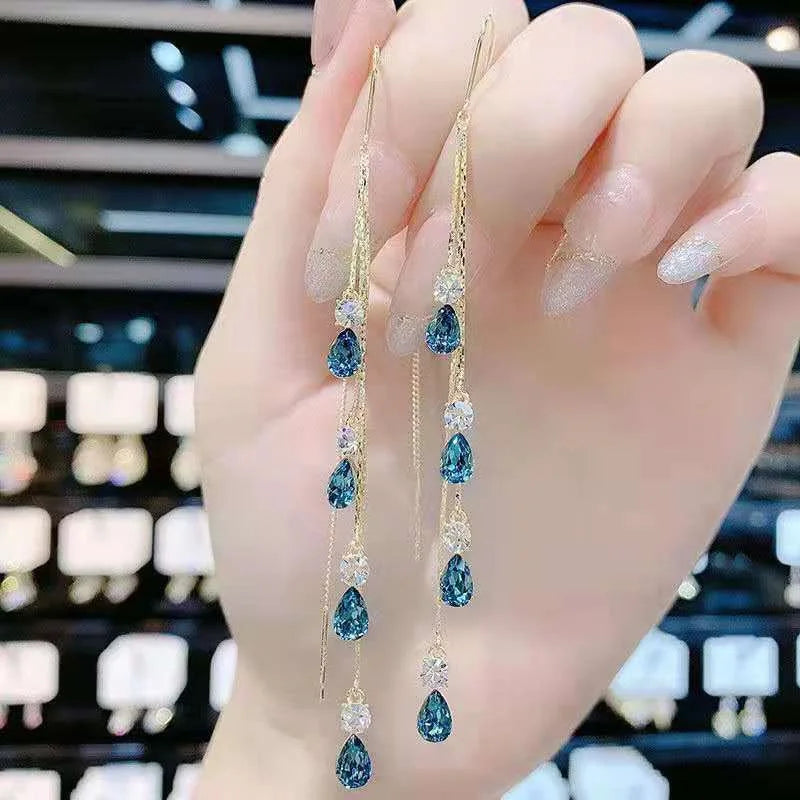 Green zircon drop earrings with long tassels and rhinestones, Korean fashion jewelry for women by HSF Marketplace