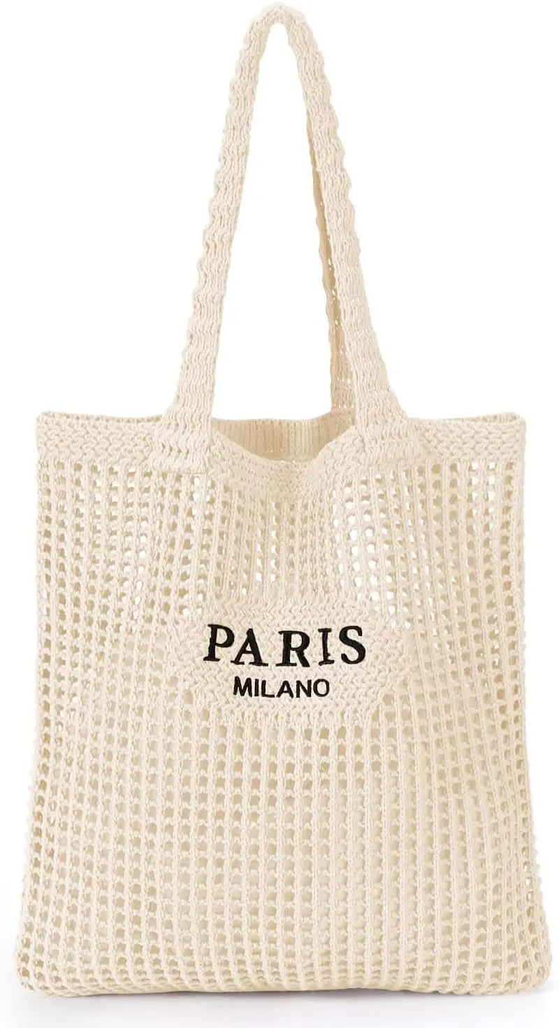 HSF crochet tote bag for women, stylish woven summer beach handbag with roomy open design
