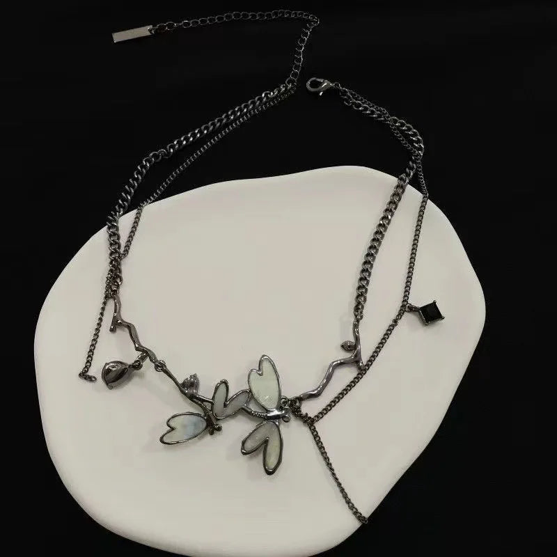 Gothic black dragonfly necklace with dangling tassels for women by HSF Marketplace