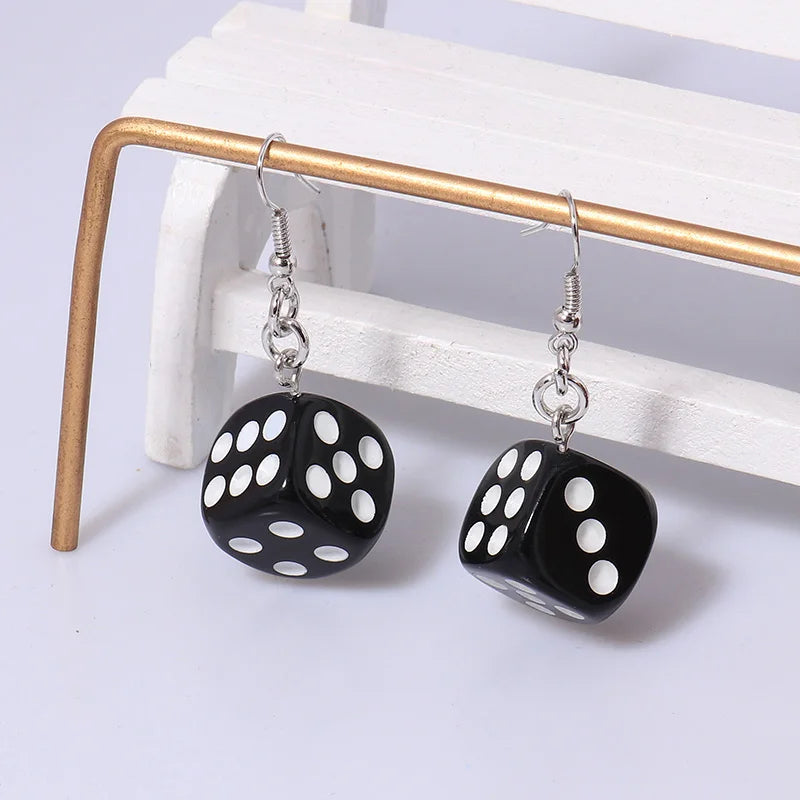 White and black square dice earrings for women by Aihua, featuring playful digital dot designs and dangling charms