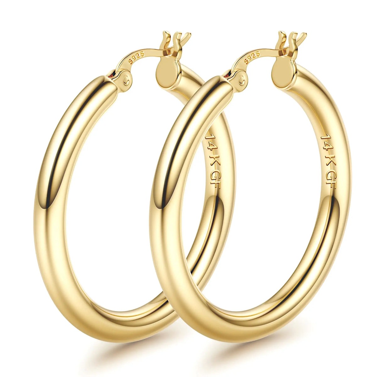 14K chunky gold plated hollow tube hoop earrings with 925 sterling silver posts, 4mm thick and lightweight