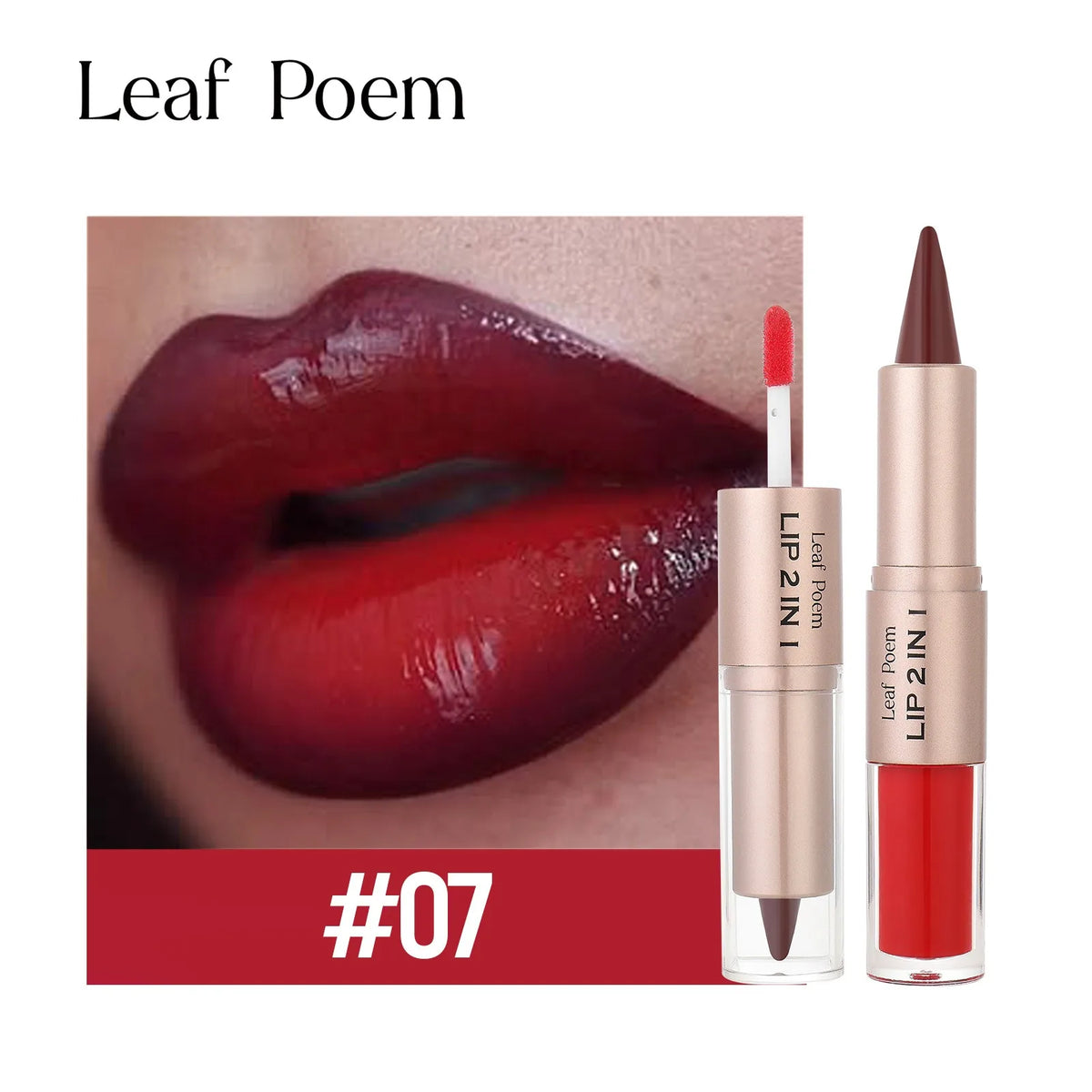 Dark plum pink 2-in-1 lip makeup set with matte lip liner, plumping lip glaze, mirror, waterproof, non-stick, and contour features.