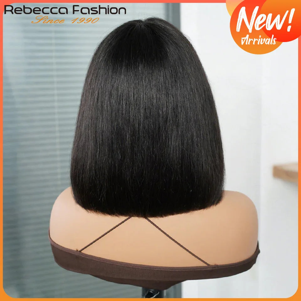 Rebecca glueless straight human hair bob lace wig with bangs, fringe, and middle part