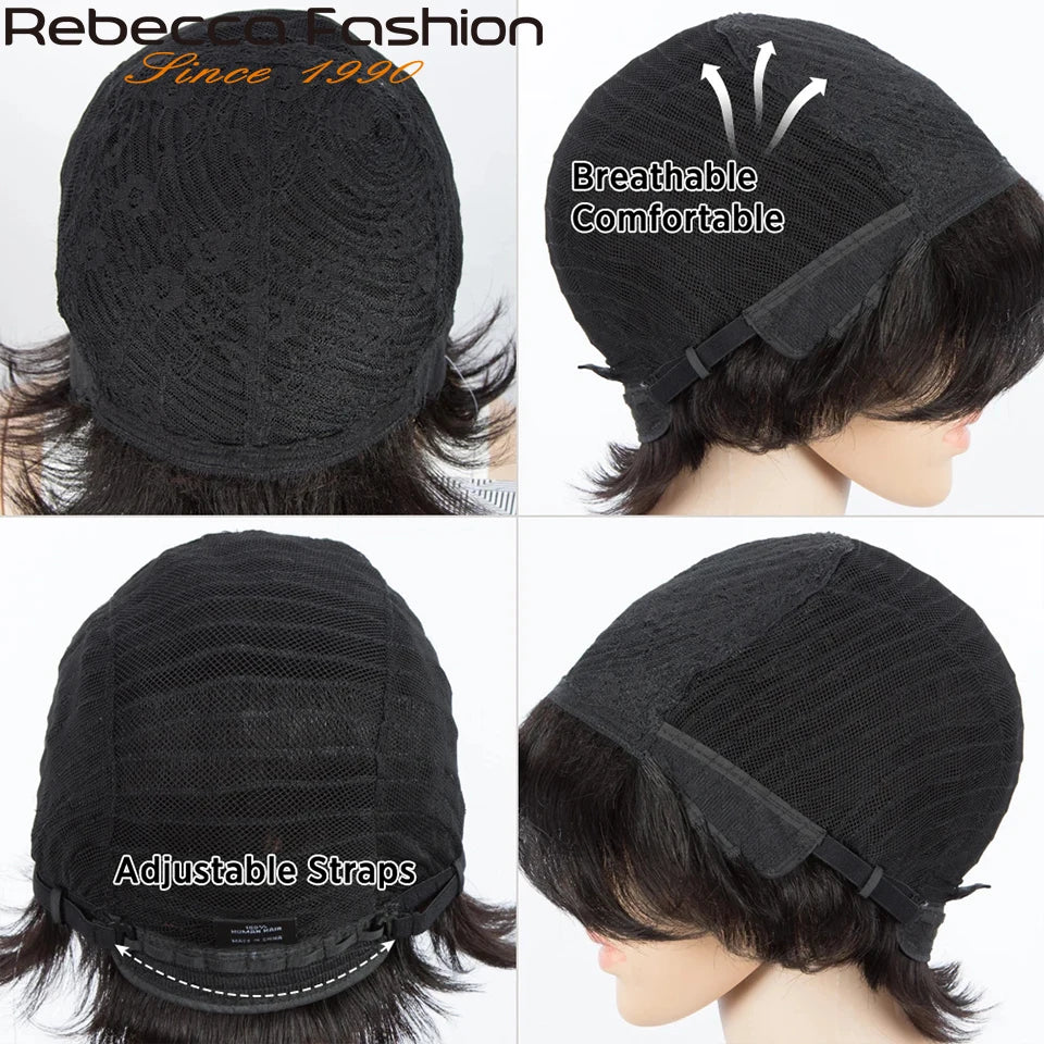 Rebecca Natural Black 99J orange short straight bob human hair wig with bangs, full machine-made Remy hair for women