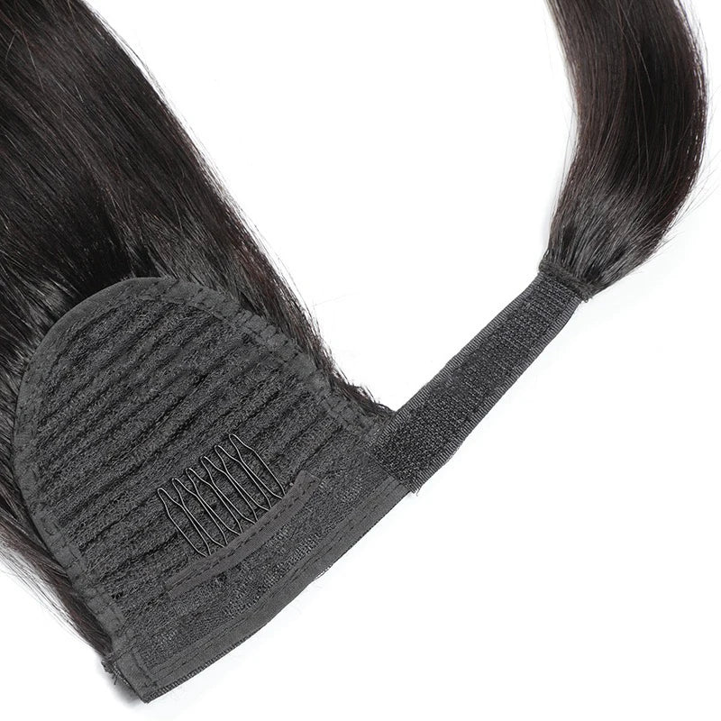 Straight Velcro ponytail human hair extensions, Brazilian Remy 100% real human hair, natural color for women