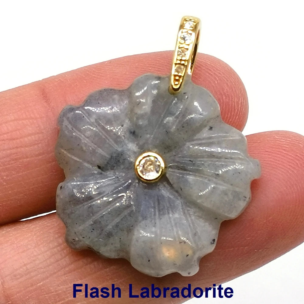 26mm Flower Shape Carved Natural Crystal Stones Amethyst Rose Quartz Tiger Eye Gemstone for Diy Necklace Pendant