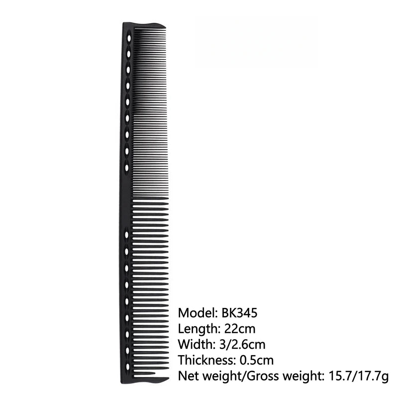 Black carbon double-sided hair cutting comb from HSF Marketplace, heat resistant, antistatic barber styling tool for professional hairdresser use.