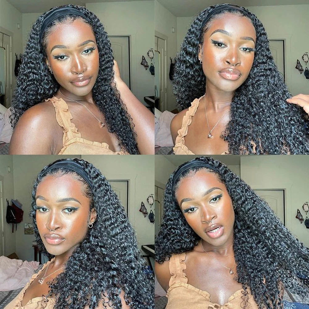 250 density water wave headband wig, full machine-made glueless human hair wig for Black women