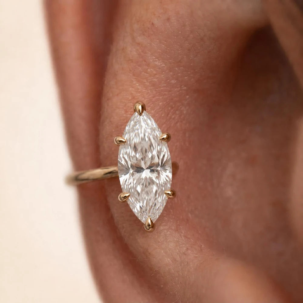 1-carat marquise-cut solitaire moissanite open ear cuff in S925 silver, no-piercing earring for women