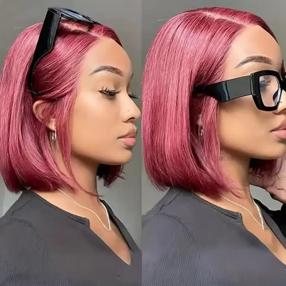 Burgundy 4C human hair bob wig with 13x6 lace frontal, straight style, middle part, short 99J red wig from HSF Marketplace.