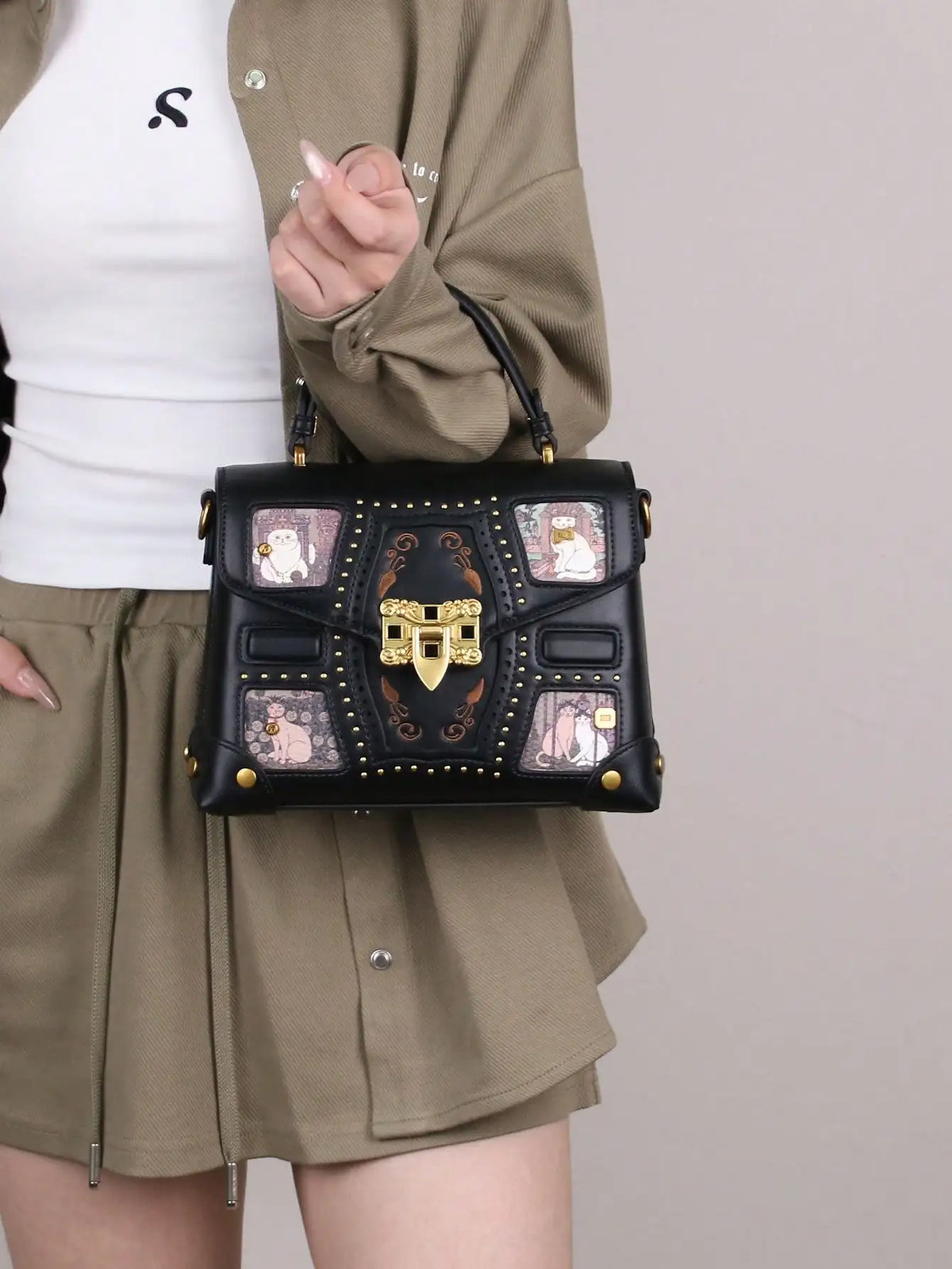 Luxury cat pattern crossbody bag for women, HSF Marketplace handbag with adjustable shoulder strap