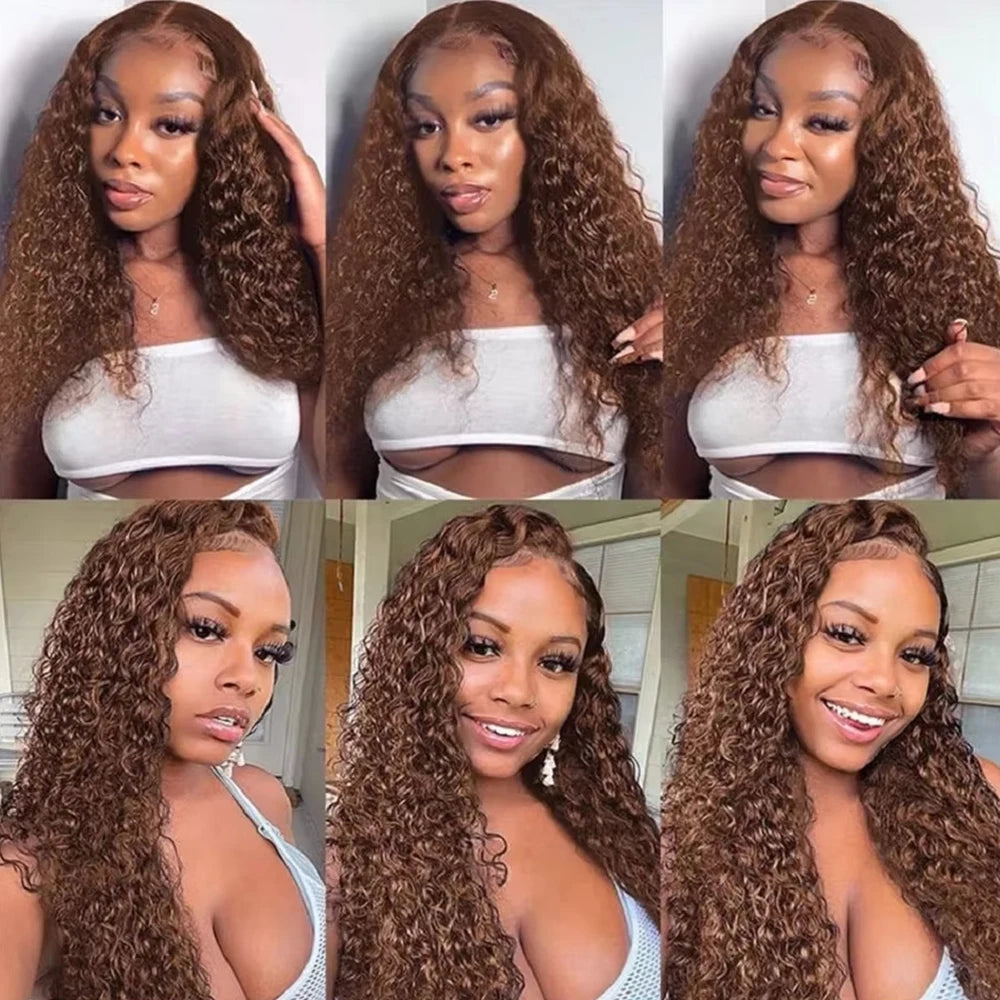 Chocolate brown water wave human hair bundles with HD lace closure, deep curly wave texture, suitable for black women.