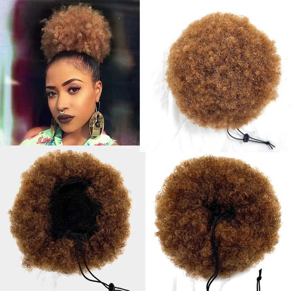Afro puff drawstring ponytail with bangs, short curly clip-in wrap updo hairpiece in color #30