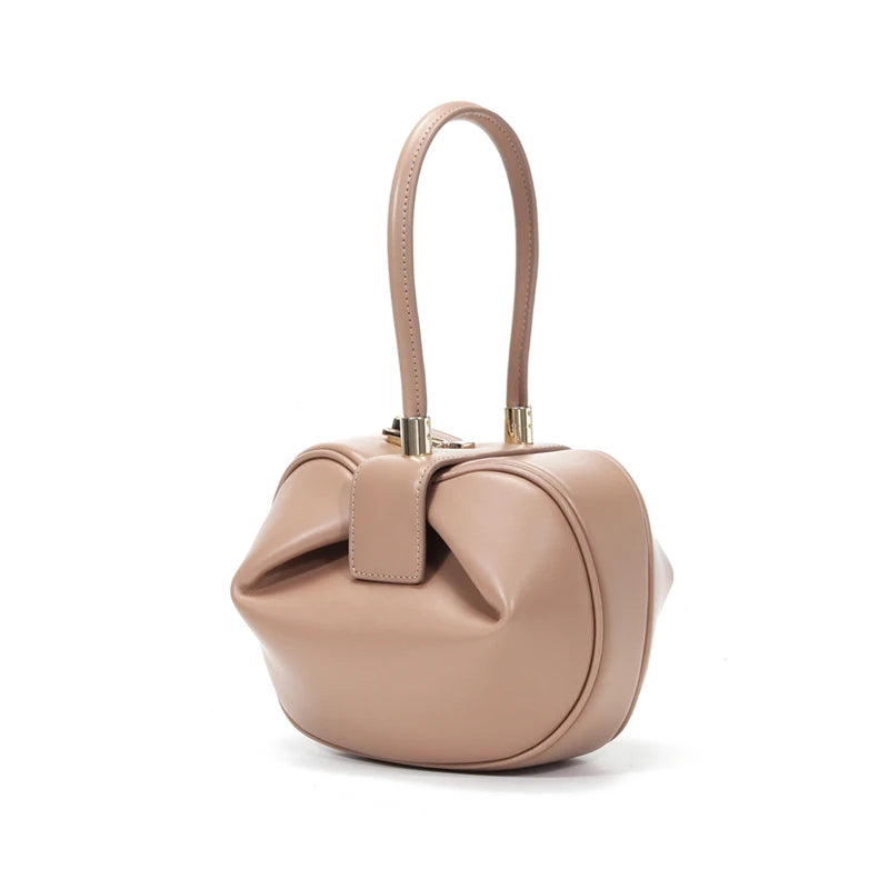 HIFASHION small genuine leather top handle bag for women, elegant evening party pouch with round luxury design.