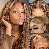4/27 Colored Highlight Deep Wave Ombre Deep Wave 13X4 HD Lace Frontal Wig Human Hair Wigs Honey Blonde  For Women 250% Density 427 99J Burgundy 13x4 Human Hair Wig DEEP Wave Lace Frontal Wig Glueless Lace Front Human Hair Wig
