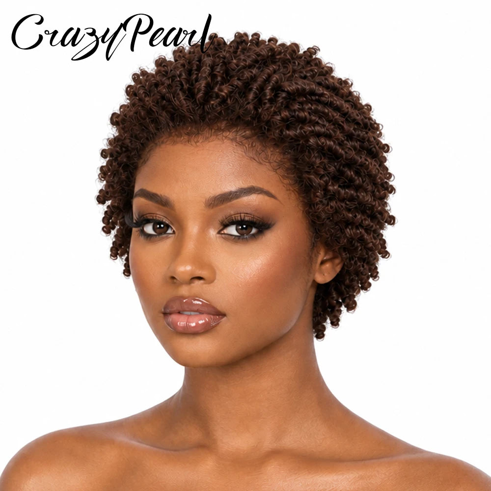 Chocolate brown short pixie cut dreadlocks wig with lace frontal, faux locs, and braided style, made of human hair by HSF Marketplace.