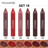 Six creamy matte lipstick shades in a set, featuring smooth glide-on lip crayons with a lightweight, smudge-proof finish.