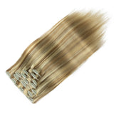 Seven-piece set of natural human hair clip-in extensions from HSF Marketplace, straight style, 16-24 inches, double weft design.