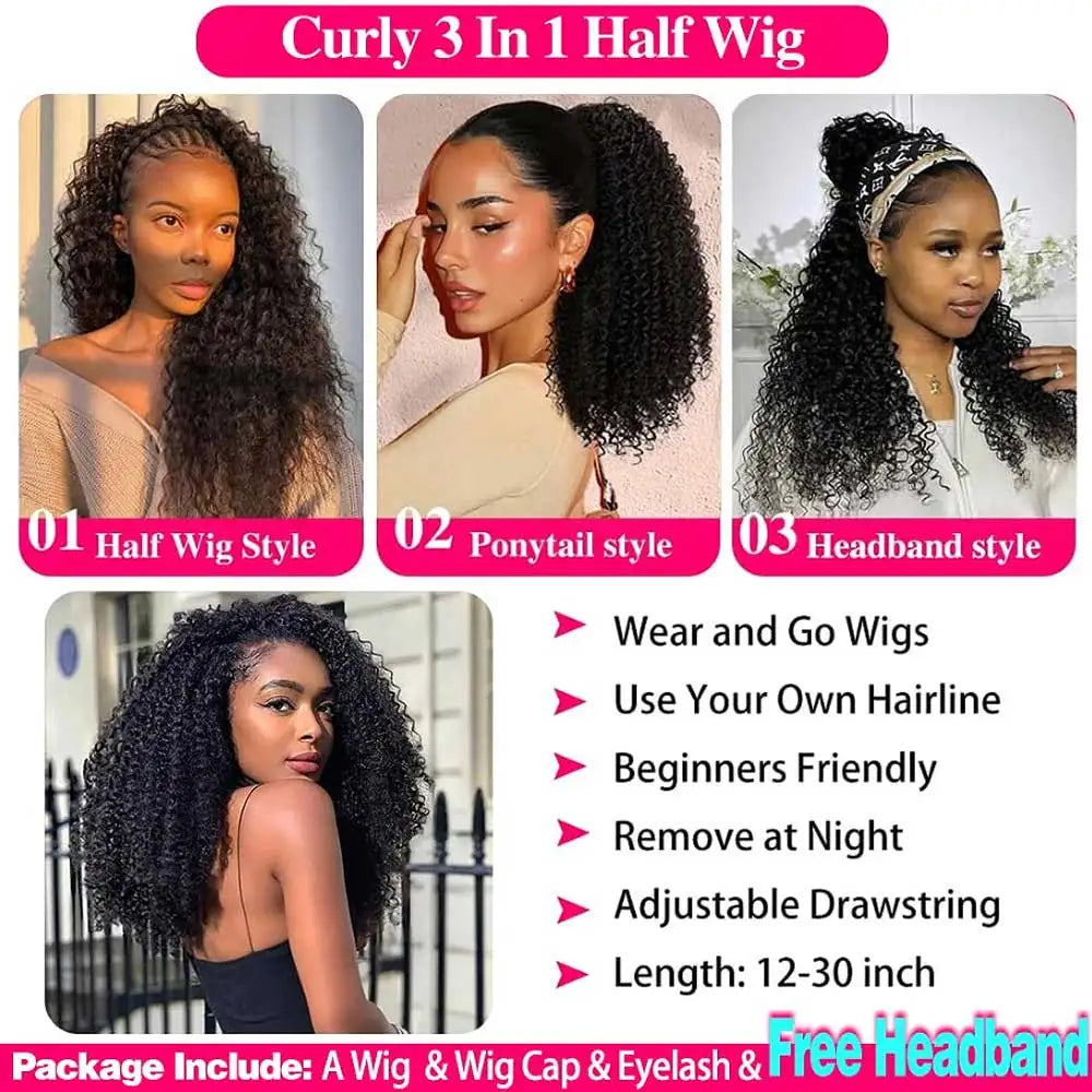 Kinky Curly 32-inch Remy human hair half wig with headband by HSF Marketplace