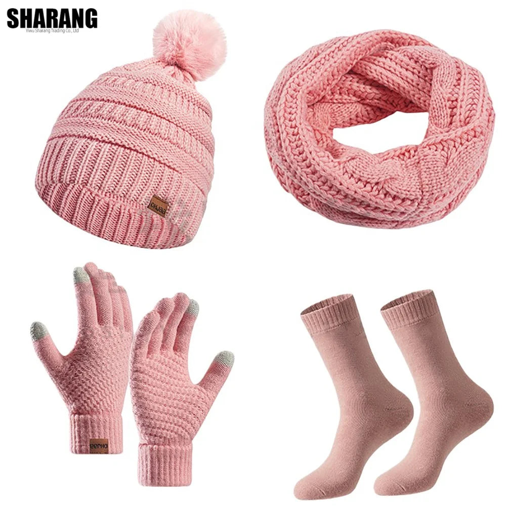 Women’s warm winter hat, scarf and gloves set, soft knit accessories in coordinated colors
