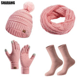 Women’s warm winter hat, scarf and gloves set, soft knit accessories in coordinated colors