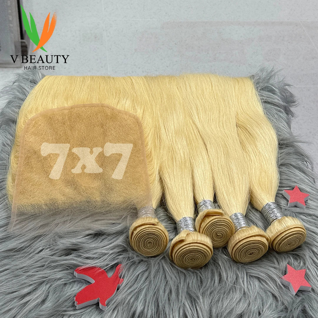 #613 Colored Straight Human Hair Bundles Blonde Closure 1/2/3/4 PCS 100% Vietnamese Remy Human Hair Weave Extensions