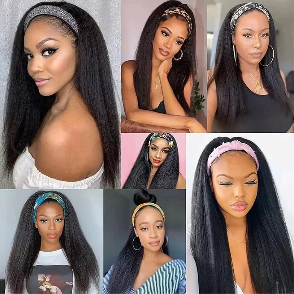30-inch long thick kinky straight human hair headband wig with yaki texture, glueless full machine wig for women