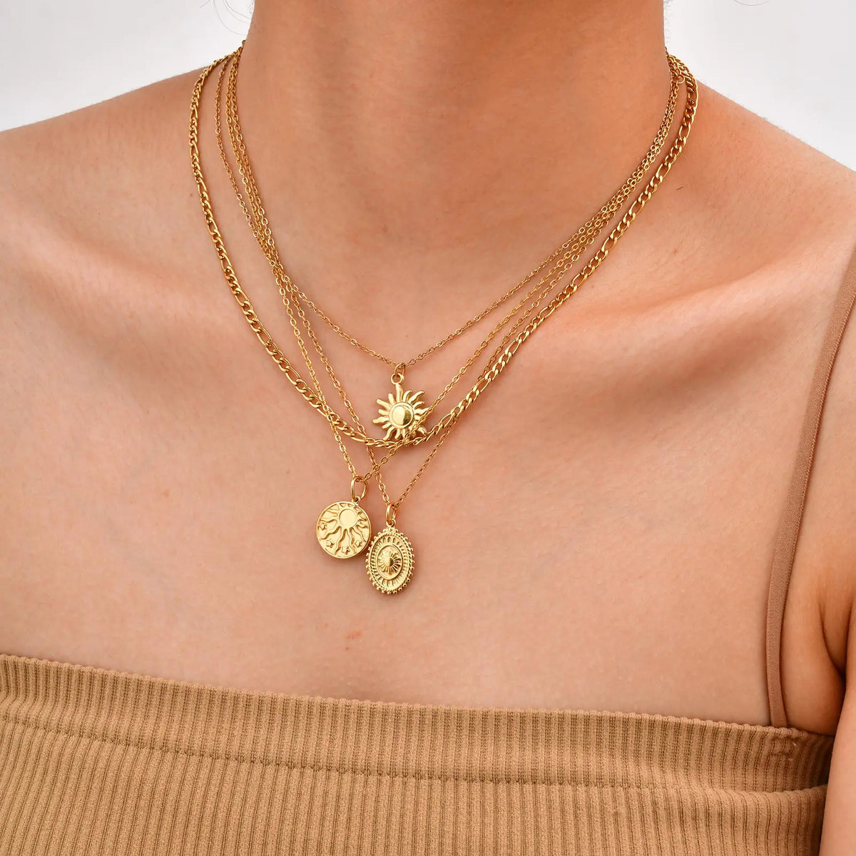 Stainless steel spiral sunflower pendant necklace for women, 18K gold plated, waterproof boho jewelry, stackable fashion necklace
