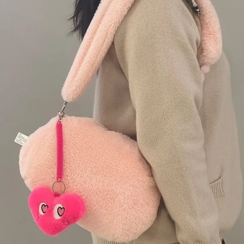 Y2K Cute Pink Love Brain Plush Shoulder Bags Funny Crossbody Bags Fashion Design Purse Cool Interesting Moving Ears Handbags Set