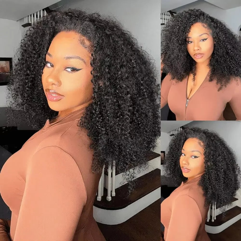 12A curly human hair half wig, 220% density, natural black seamless flip-over drawstring style with headband and clips