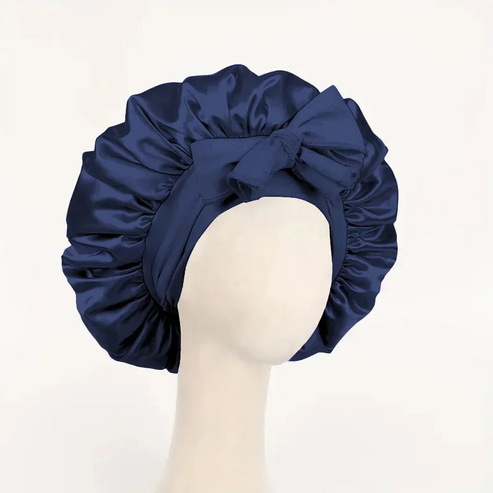 Silk satin sleep bonnet with adjustable tie band by HSF Marketplace, designed for women and men to protect hair overnight.