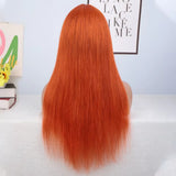 Long straight ginger human hair wig by HSF Marketplace, featuring Brazilian Remy hair, full machine-made construction, for cosplay or everyday wear.