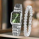 2PCS/Set Fashion Rectangle Women Quartz Watch Ladies Roma Dial Wristwatches Rhinestone Bracelet Set Reloj Mujer Girls Clock Gift