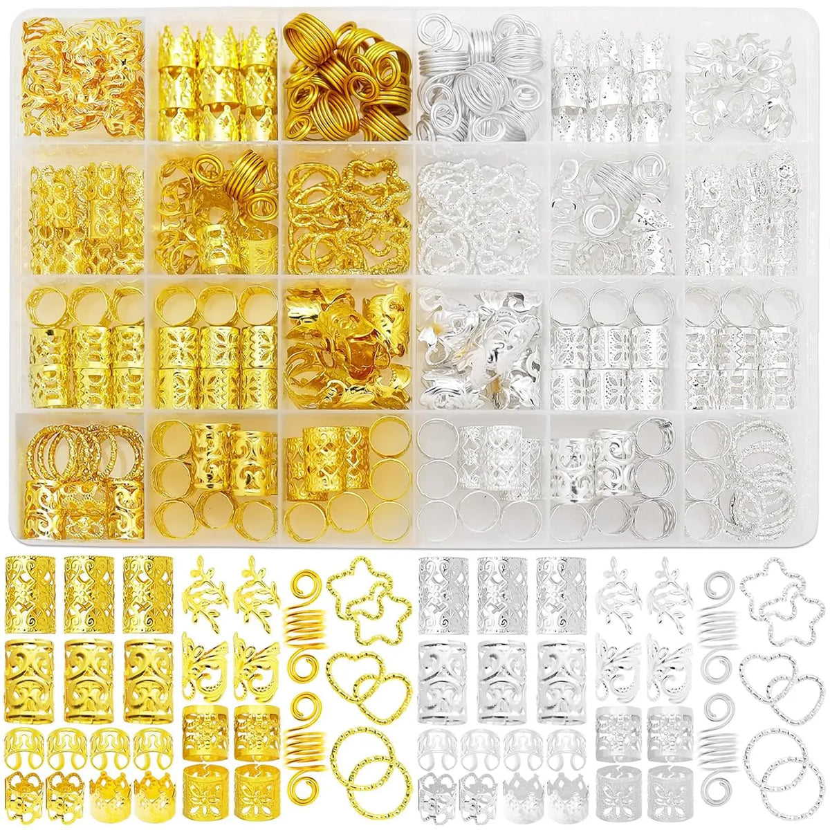 260-piece hair beads and cuffs set for braids and dreadlocks, featuring assorted decorative accessories