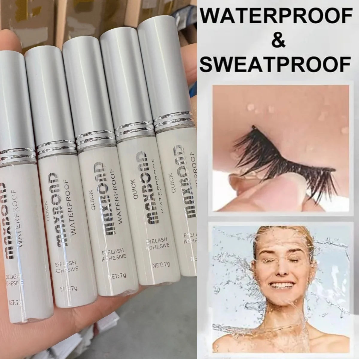 HSF Marketplace waterproof eyelash glue in a 7g bottle, quick-drying, non-irritating, ideal for DIY false eyelashes with a natural look