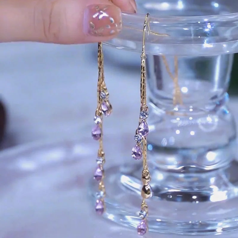 Green zircon drop earrings with long tassel rhinestones, Korean fashion jewelry for women by HSF Marketplace