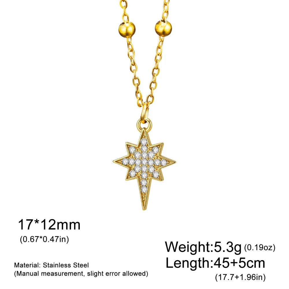 Gold stainless steel North Star pendant necklace for women with zircon accents, waterproof jewelry on a delicate chain.