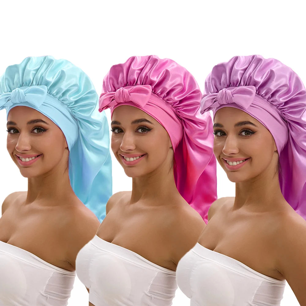 3-piece satin long bonnet set with wide brim and bow tie, hair styling accessories by HSF Marketplace