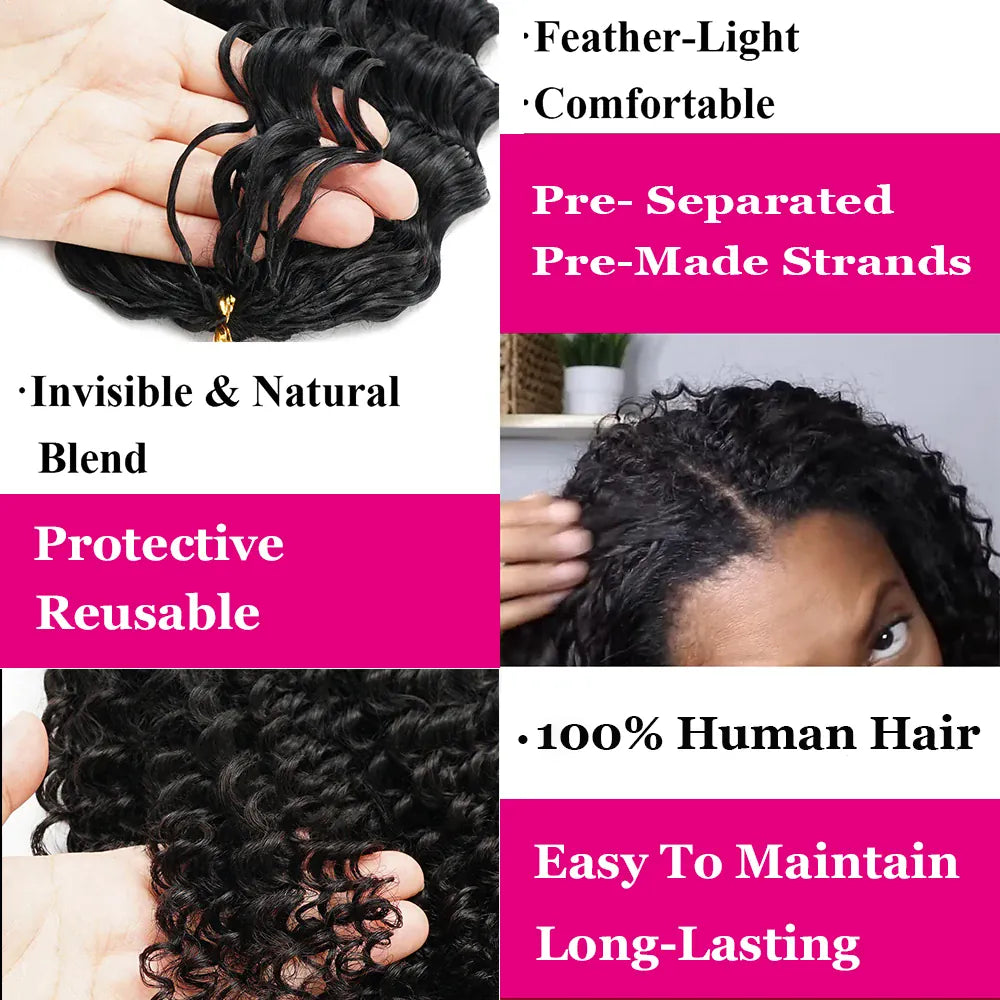 Miracle Knots Crochet Human Hair Deep Wave Bundles Invisible Knot Burmese Curly Boho Braids Crochet Human Hair Extensions 16-20 Inch Pre-Separated Reusable Feathered Human Crochet Curly 100% Human Hair For Black Women Lightwe